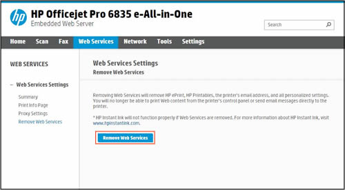 Example of a clicking Remove Web Services.