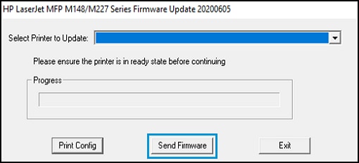Selecting printer model and clicking send firmware button