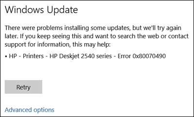 Example of a printer-related Windows Update error